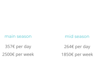 main season 357 per day 2500 per week   mid season 264 per day 1850 per week
